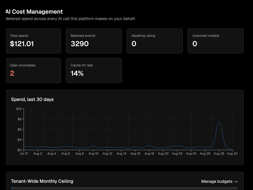 The AI Cost & Chargeback dashboard, showing total spend, metered events, open anomalies, cache hit rate, a 30 day spend trend, and the tenant wide monthly ceiling.